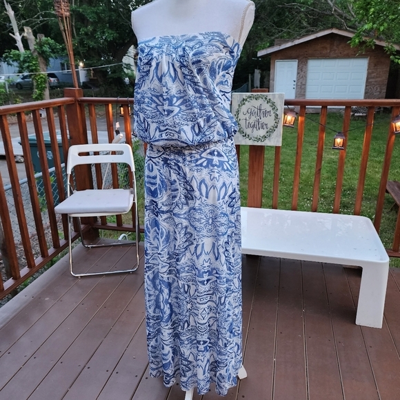 CYNTHIA ROWLEY blue floral print strapless Maxi mesh dress size S - Picture 12 of 15
